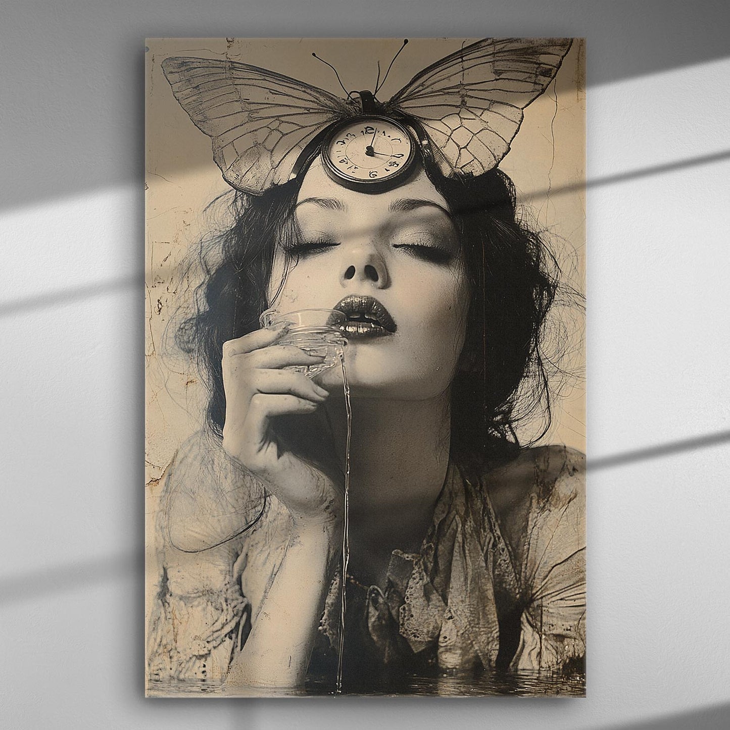 A surreal black and white image of a woman with a butterfly and clock on her head, evoking themes of time and beauty.