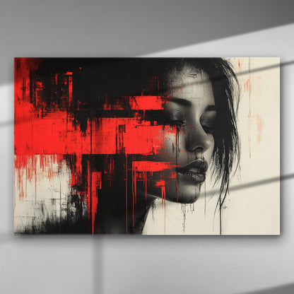 Abstract portrait of a woman with bold red and black colors on canvas