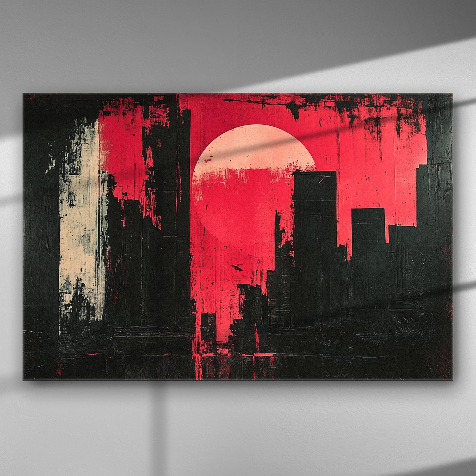 Abstract cityscape with a red sunset on canvas, featuring black and red colors.