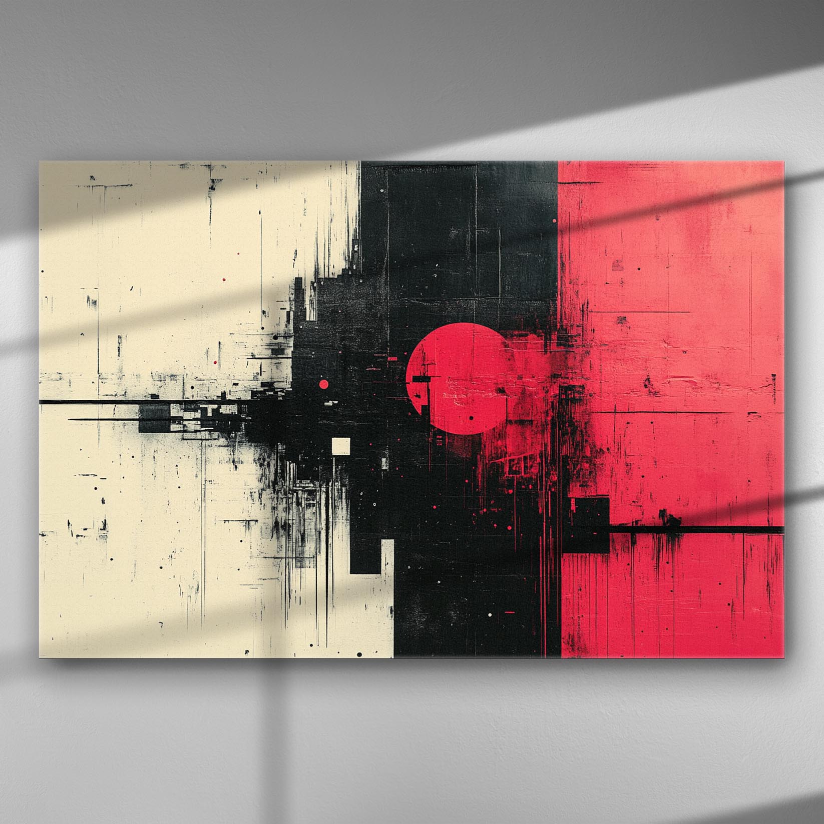 Abstract canvas print with black, red, and white geometric shapes and textures.