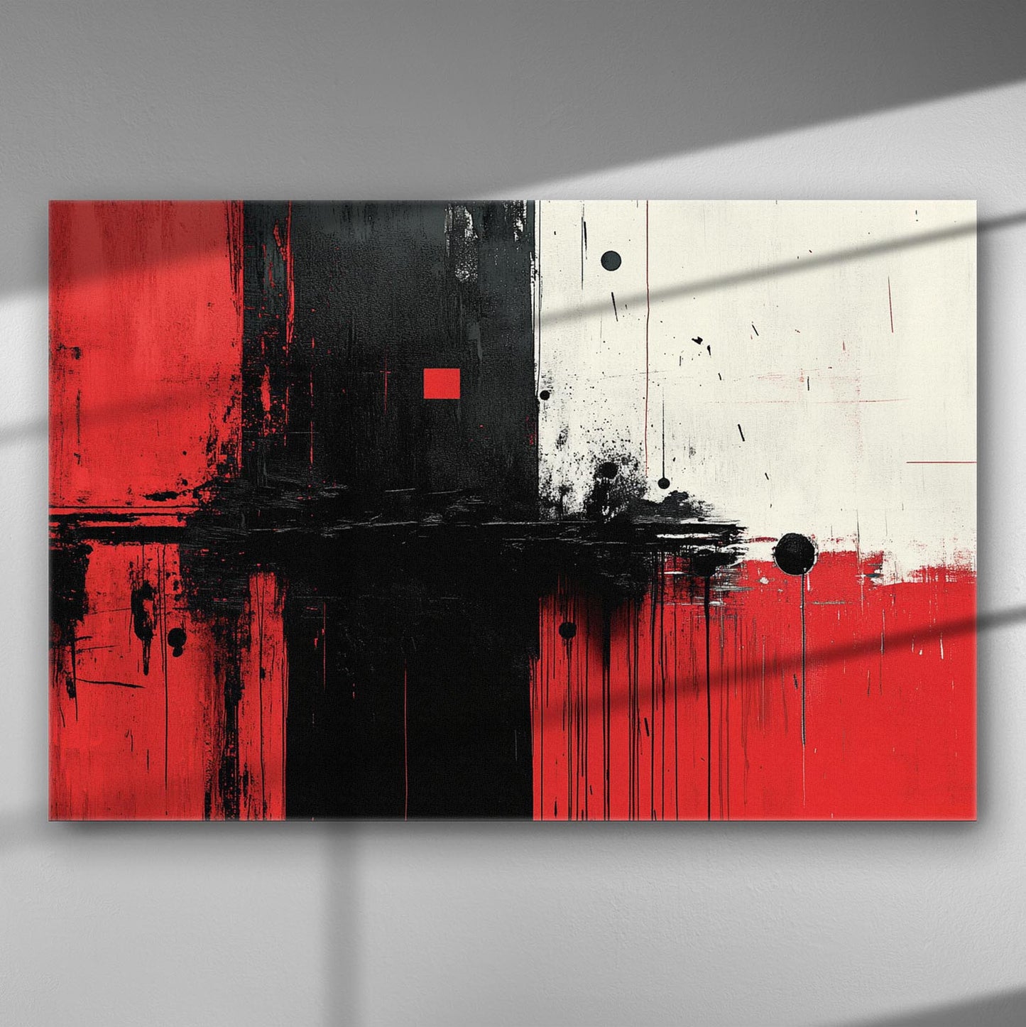 Abstract canvas art with red, black, and white geometric patterns and textures.