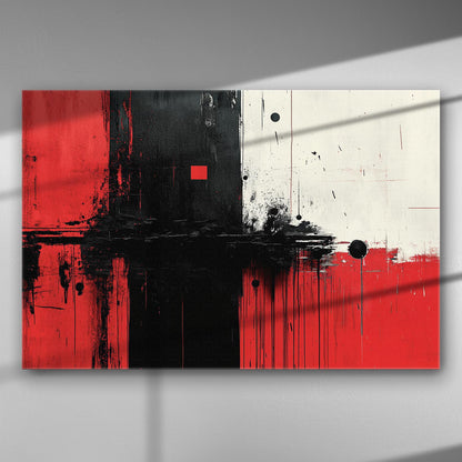 Abstract canvas art with red, black, and white geometric patterns and textures.