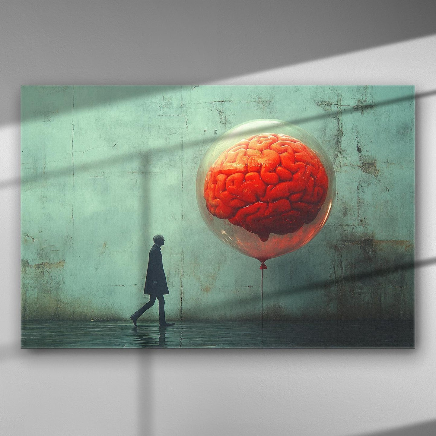 A surreal image of a man walking beside a gigantic floating brain in a transparent balloon against a muted green wall.