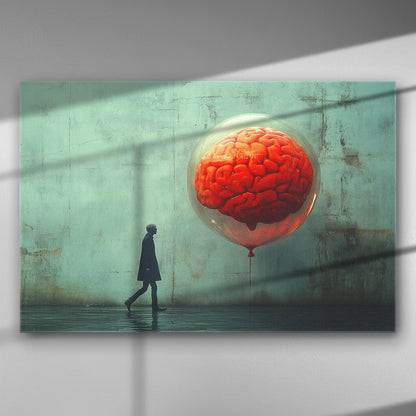 A surreal image of a man walking beside a gigantic floating brain in a transparent balloon against a muted green wall.