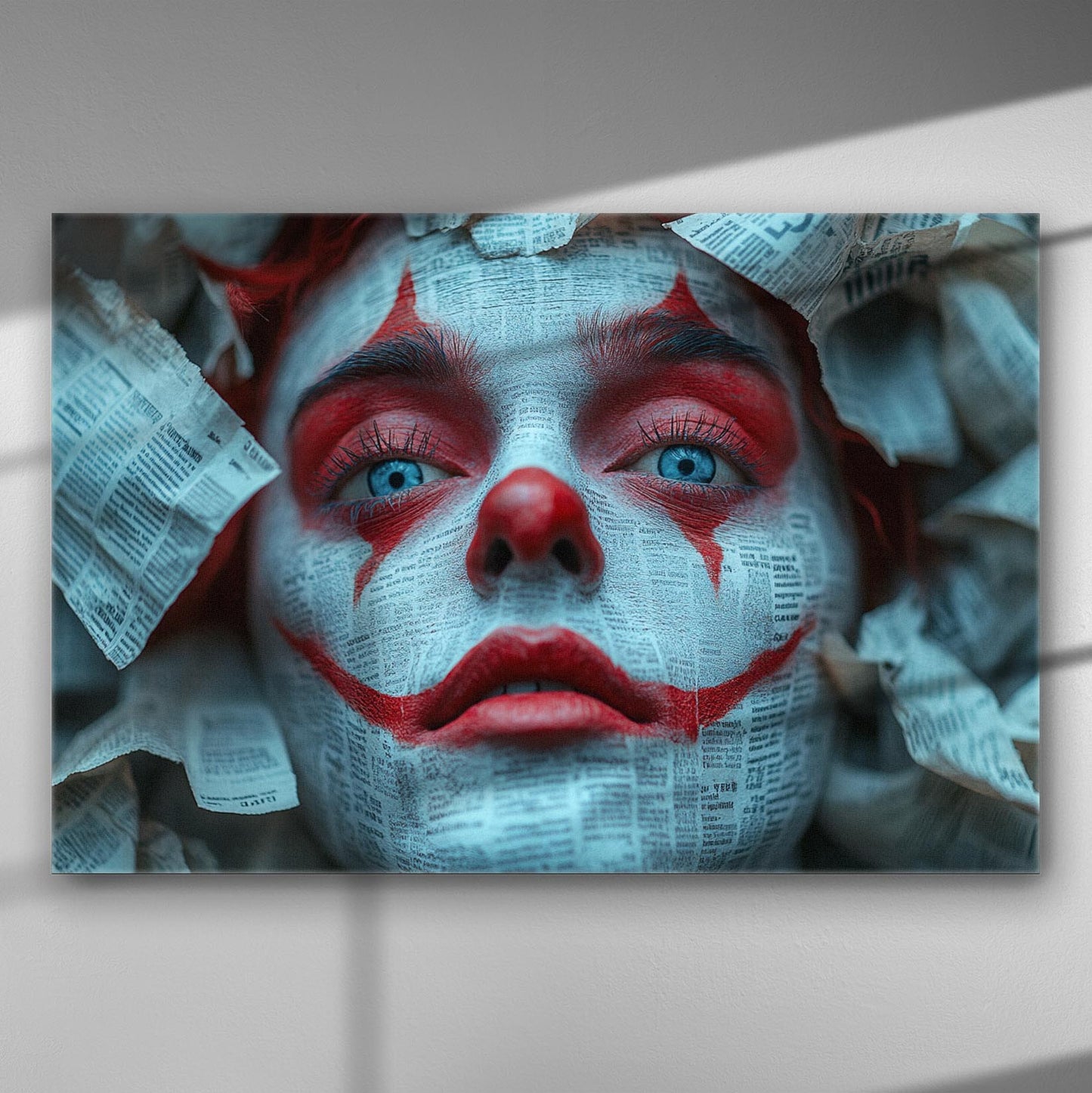Face with intense expression painted in red and blue with newspaper background on canvas.