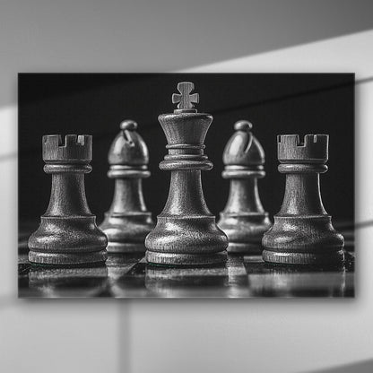 Chess pieces with a focus on the king displayed on a black and white canvas print.