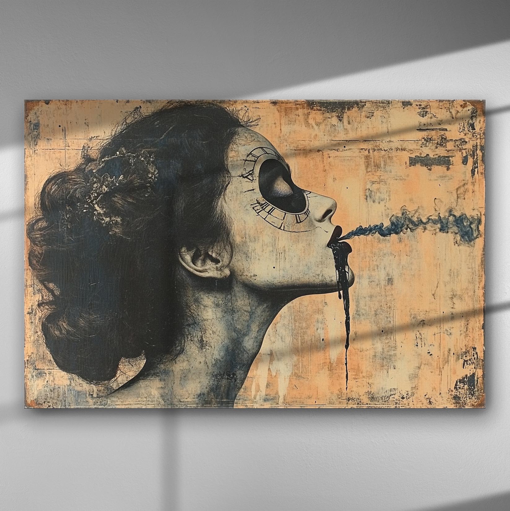 Artistic canvas featuring a complex silhouette of a woman with a clock face in dreamy, contrasting colors.