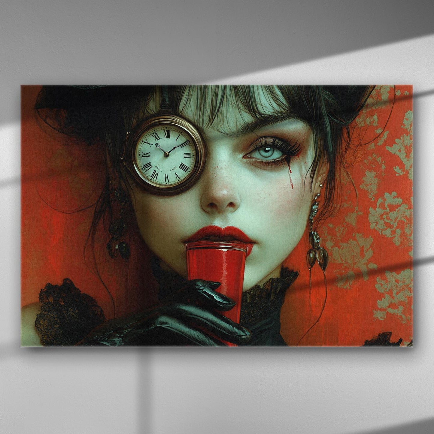 A portrait of a woman with a clock over one eye and vivid red lips, on a red background.