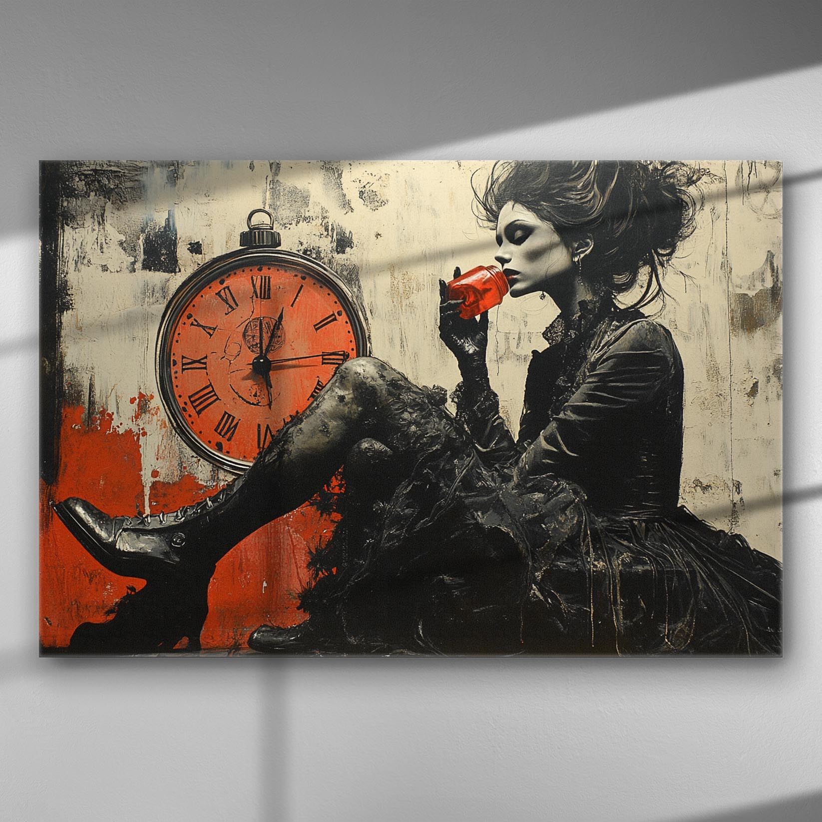 A mysterious woman in dark attire drinking coffee next to a large red clock.