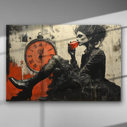 A mysterious woman in dark attire drinking coffee next to a large red clock.