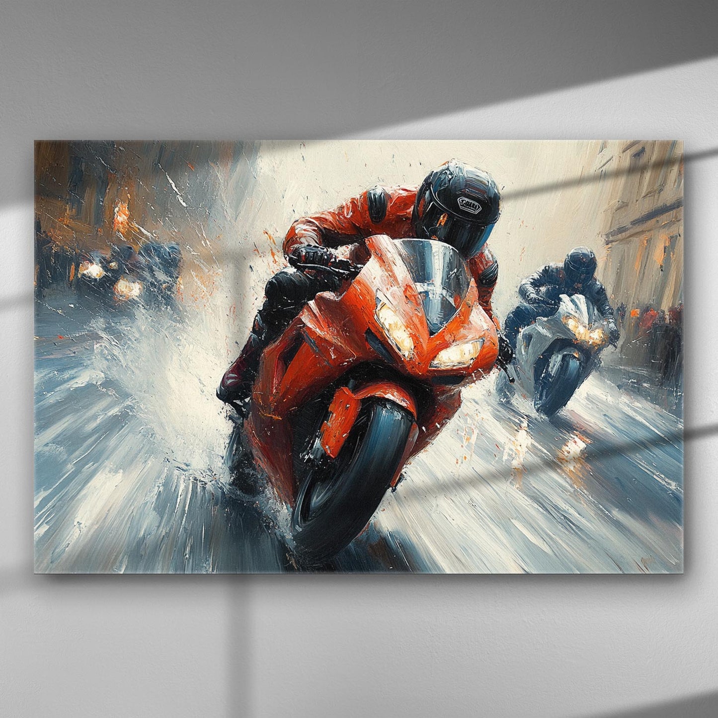Motorcycles racing at high speed, dynamic action scene on canvas.