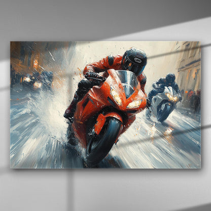 Motorcycles racing at high speed, dynamic action scene on canvas.