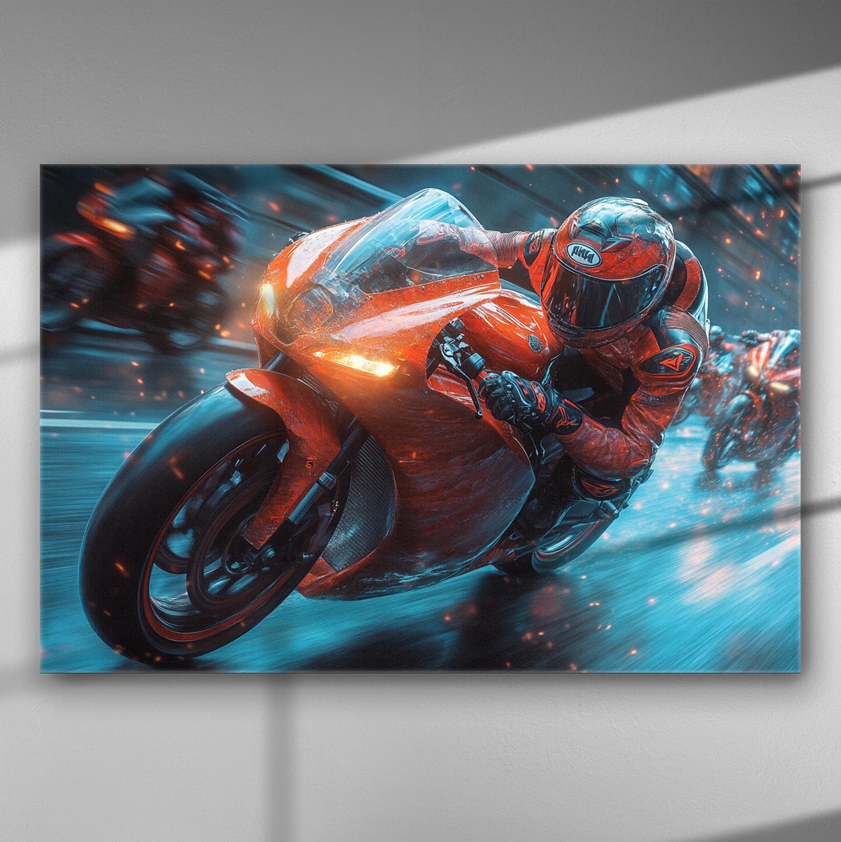 A thrilling image of a motorcyclist racing at high speed with vivid orange and blue colors on canvas.