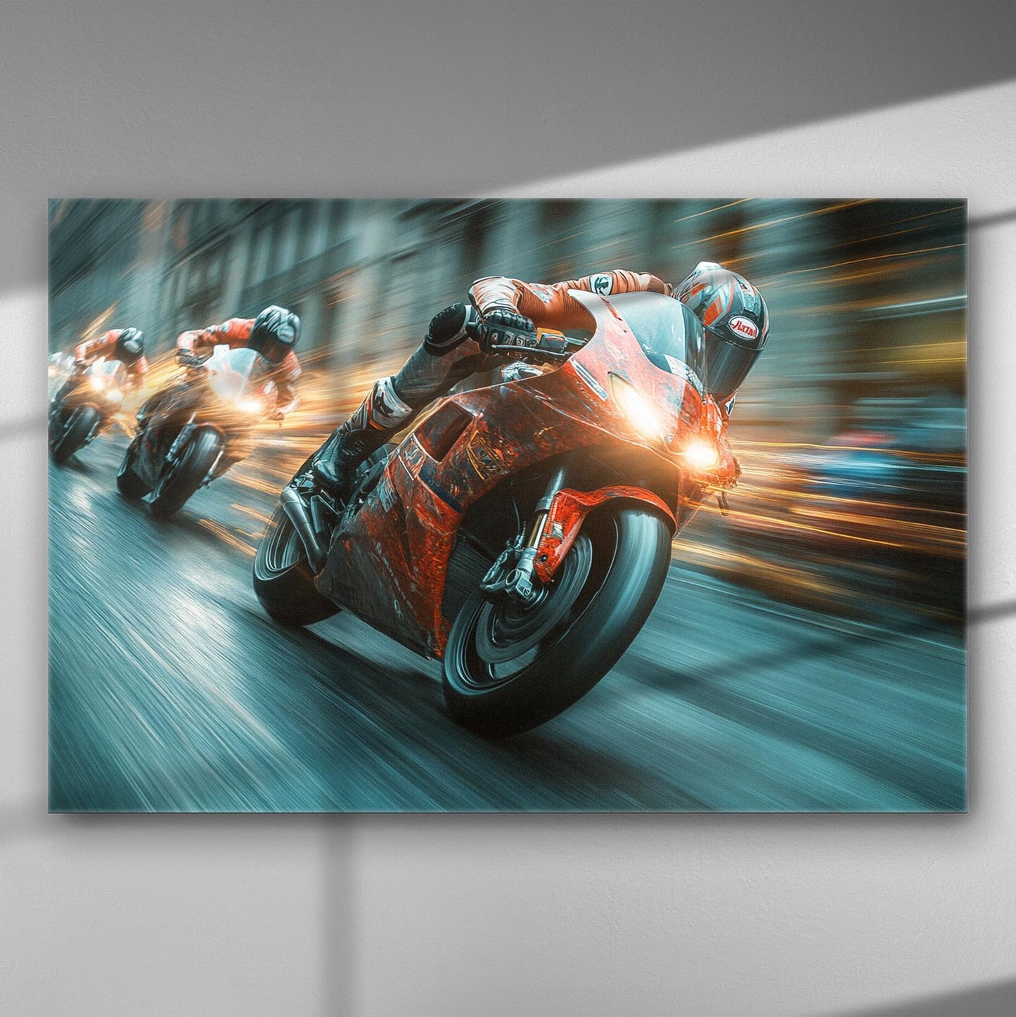 High-speed motorcycle racers captured on canvas print.