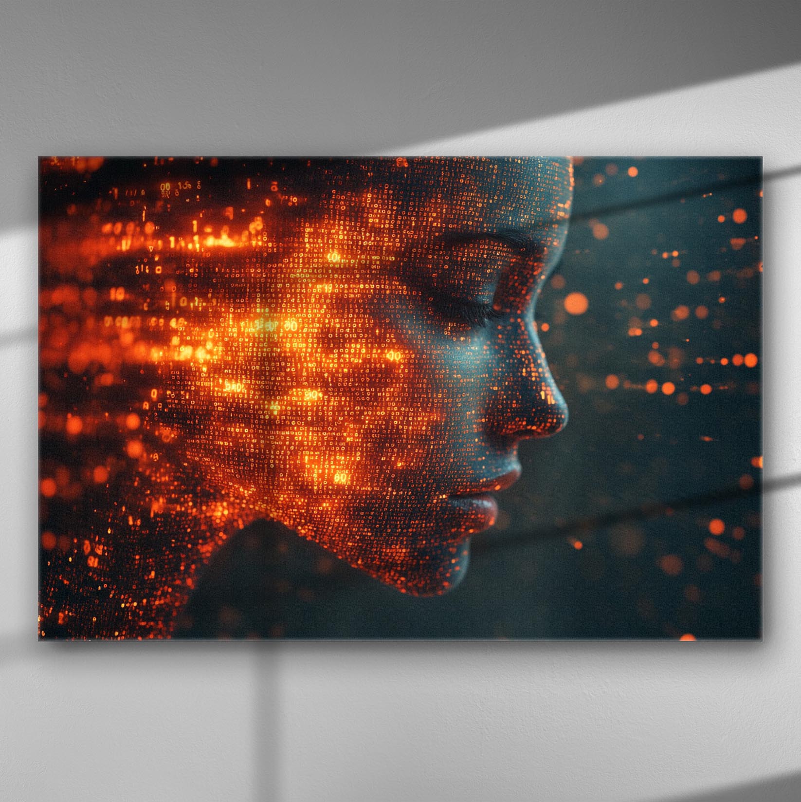 Digital art portrait of a face with glowing orange and blue hues.