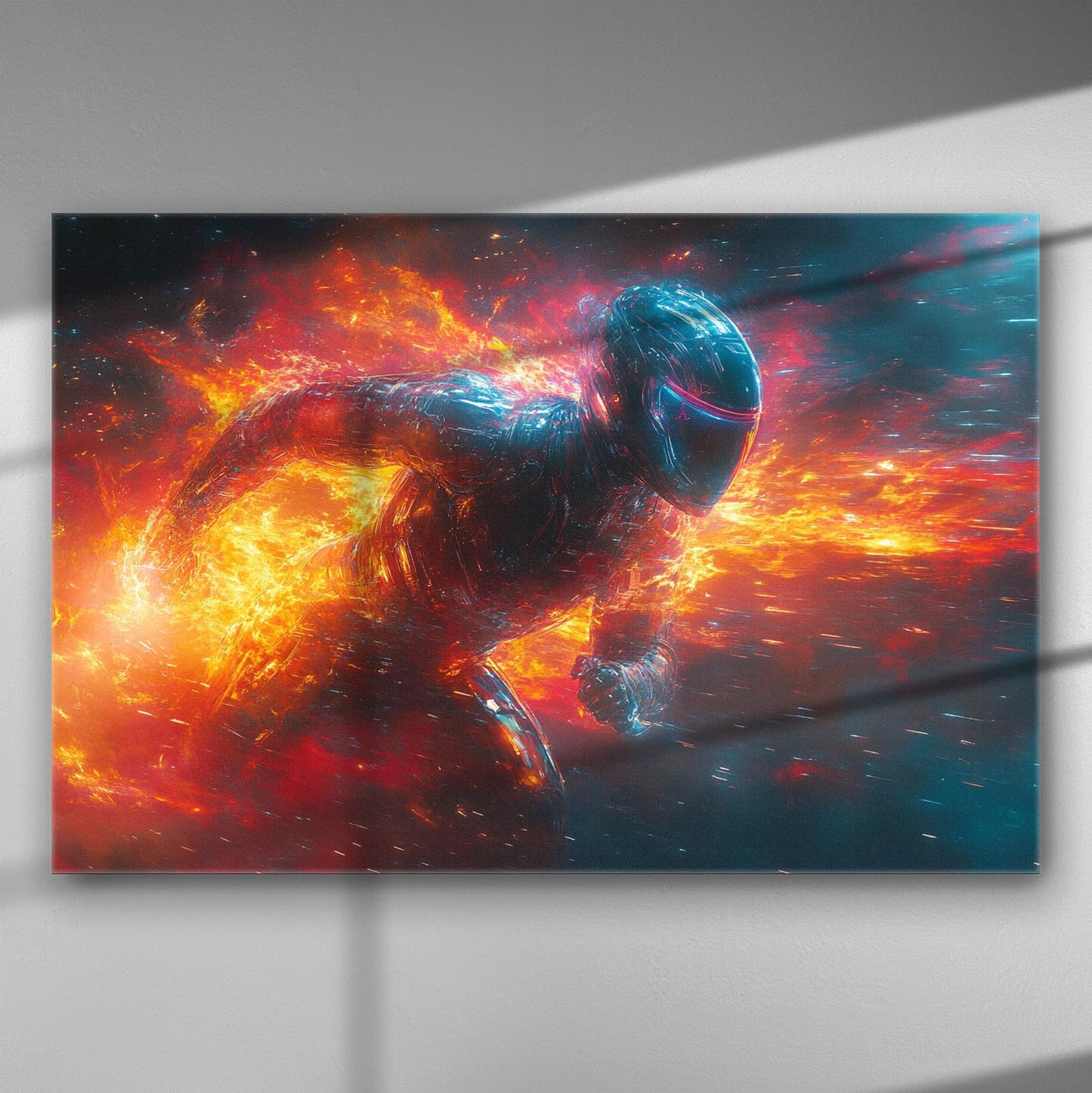 A digital art image of a fiery hero with flames surrounding them, in dynamic motion.