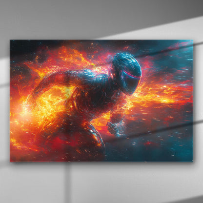 A digital art image of a fiery hero with flames surrounding them, in dynamic motion.