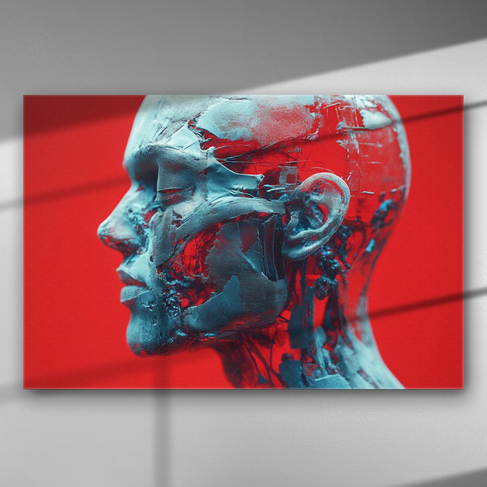 Abstract face sculpture with turquoise and red tones on a canvas.