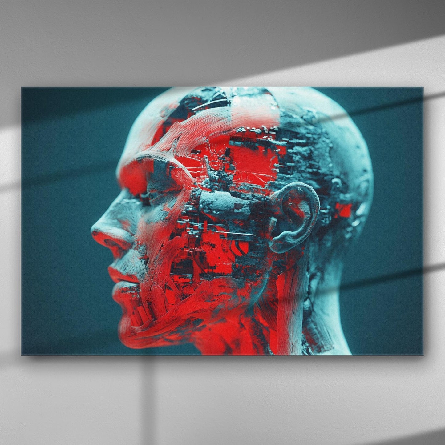 Digital humanoid figure in red and blue tones, showcasing a blend of human and technological elements on canvas.