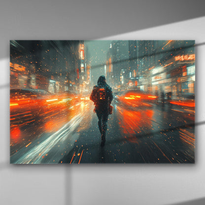 A dynamic cityscape at night with red lights and a walking figure, creating a sense of motion and energy.