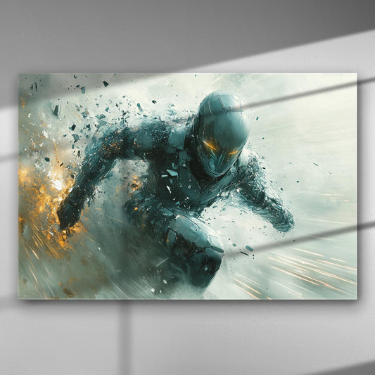 Futuristic hero in action bursting through debris, evoking energy and movement on a canvas print.