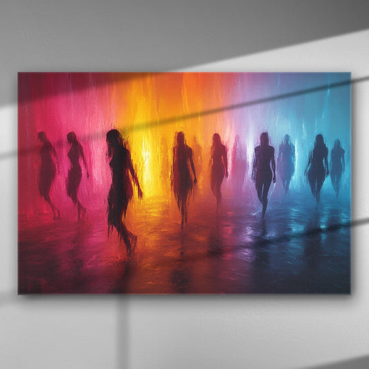 Colorful abstract canvas print featuring silhouettes on a gradient background of red, yellow, and blue hues.