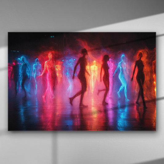 Neon figures in motion with blue and red hues on a canvas print.