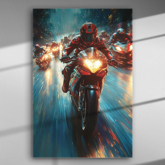 Motorcyclist speeding with dynamic motion blur effect, conveying action and excitement.