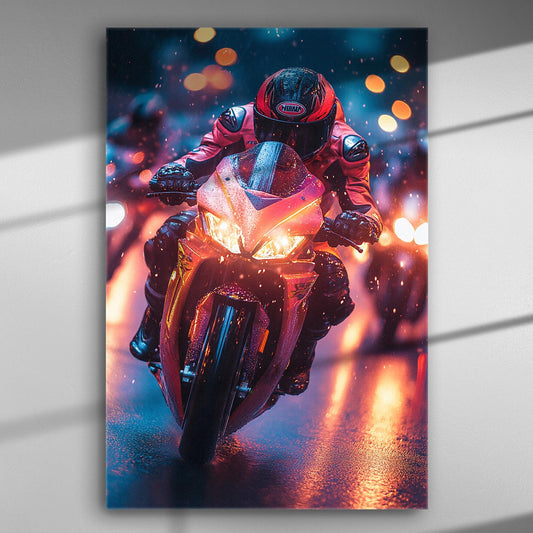 Dynamic motorcycle riding in the rain with vibrant lights on a canvas print.