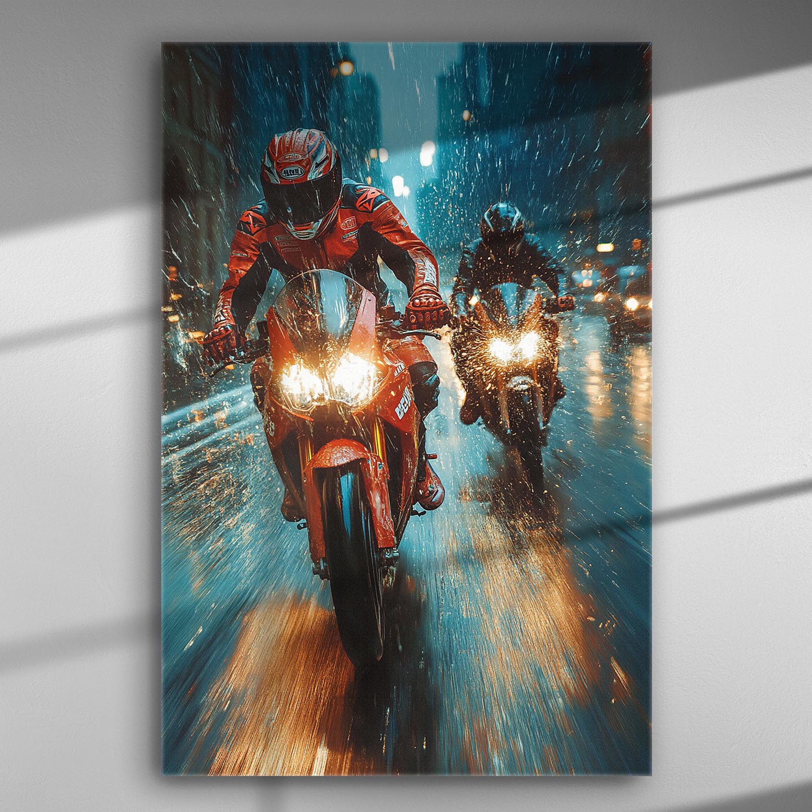 Two motorcyclists riding in rain with city lights reflections on the wet road.
