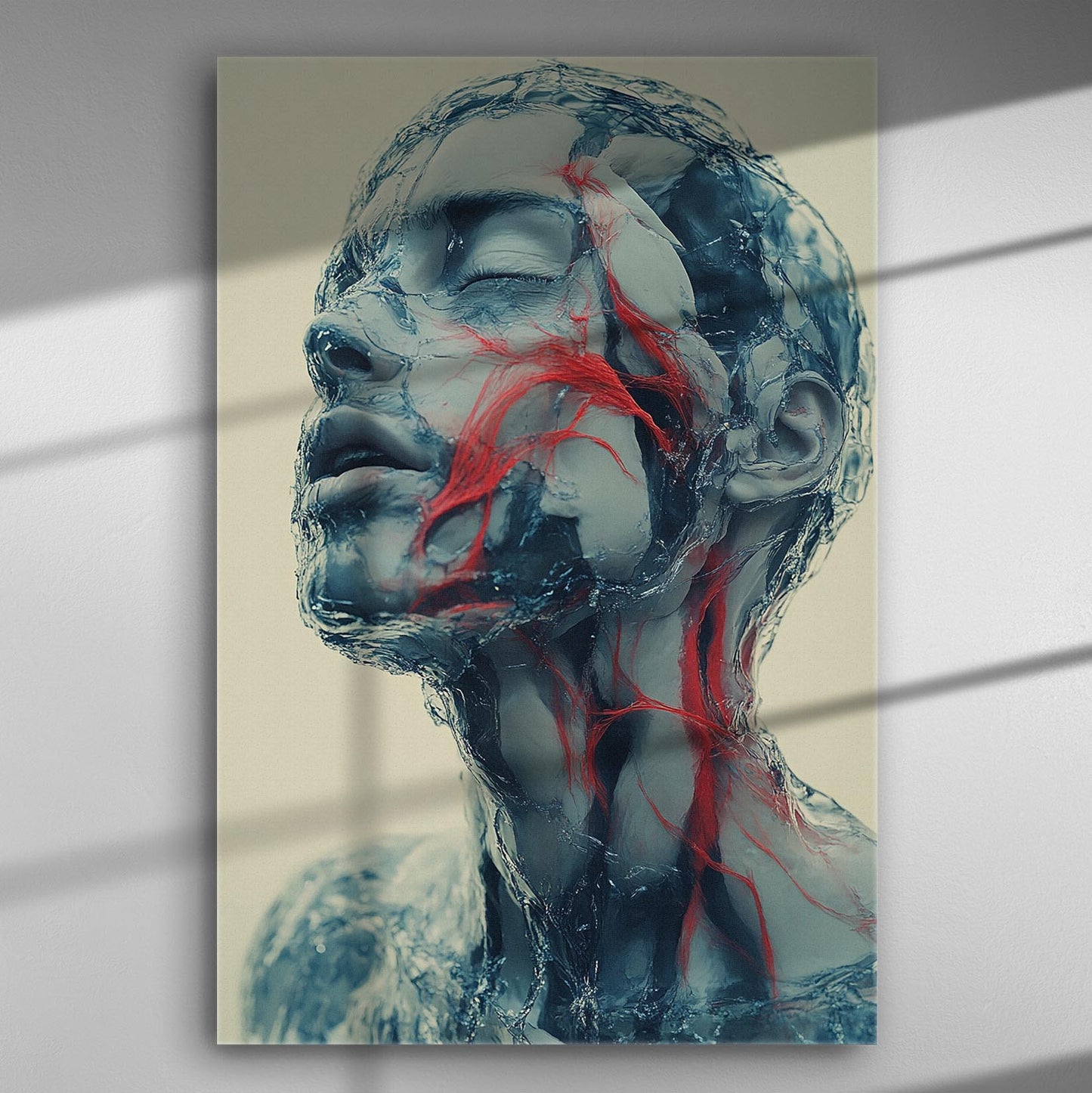 Modern ethereal depiction of a face emerging from water with red and blue hues for canvas print.