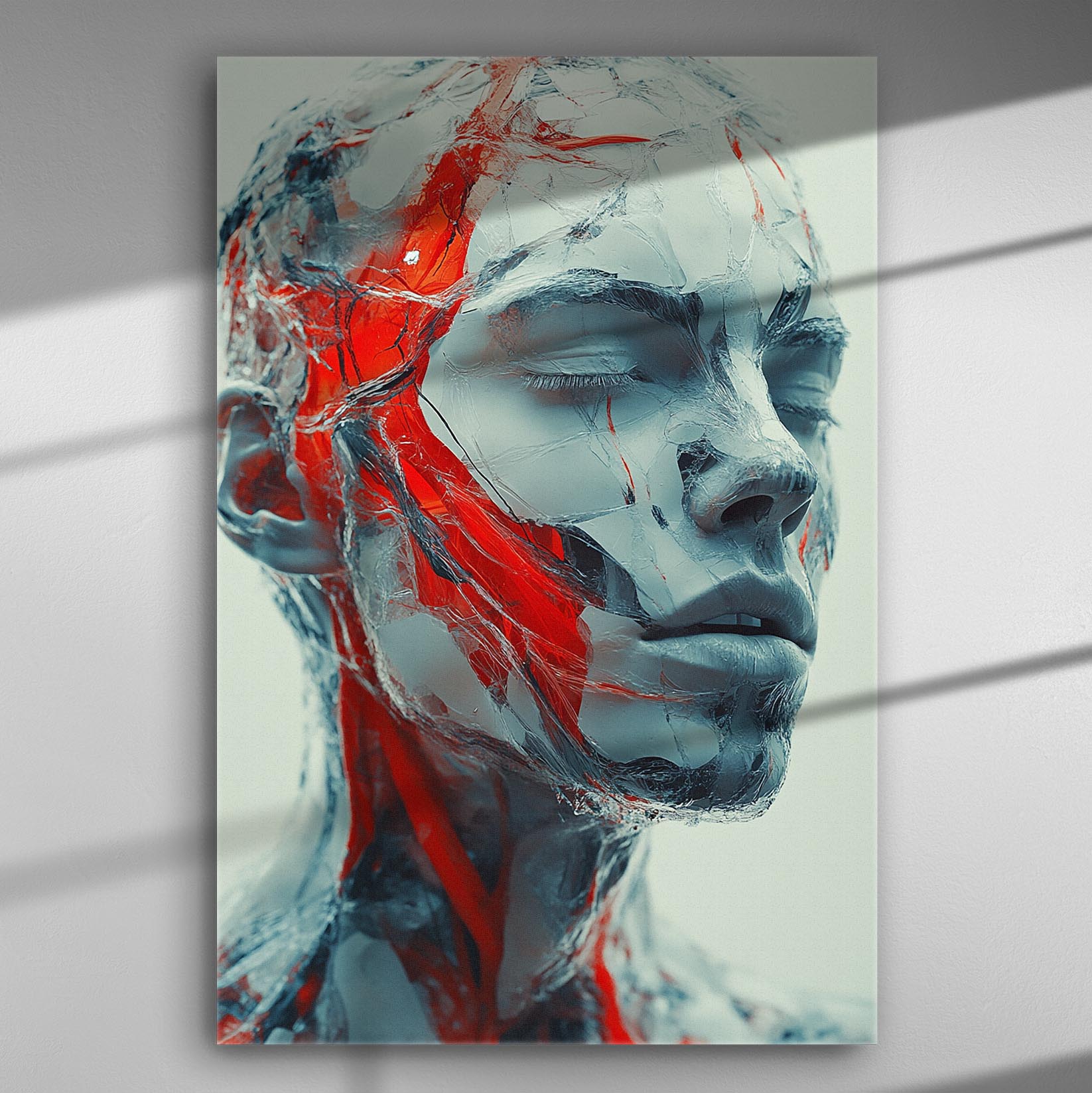 Portrait of a human face with red and grey artistic strokes on canvas.