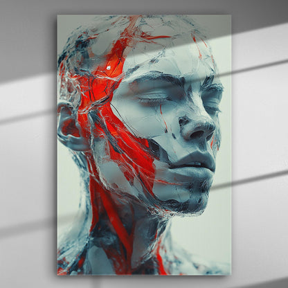Portrait of a human face with red and grey artistic strokes on canvas.