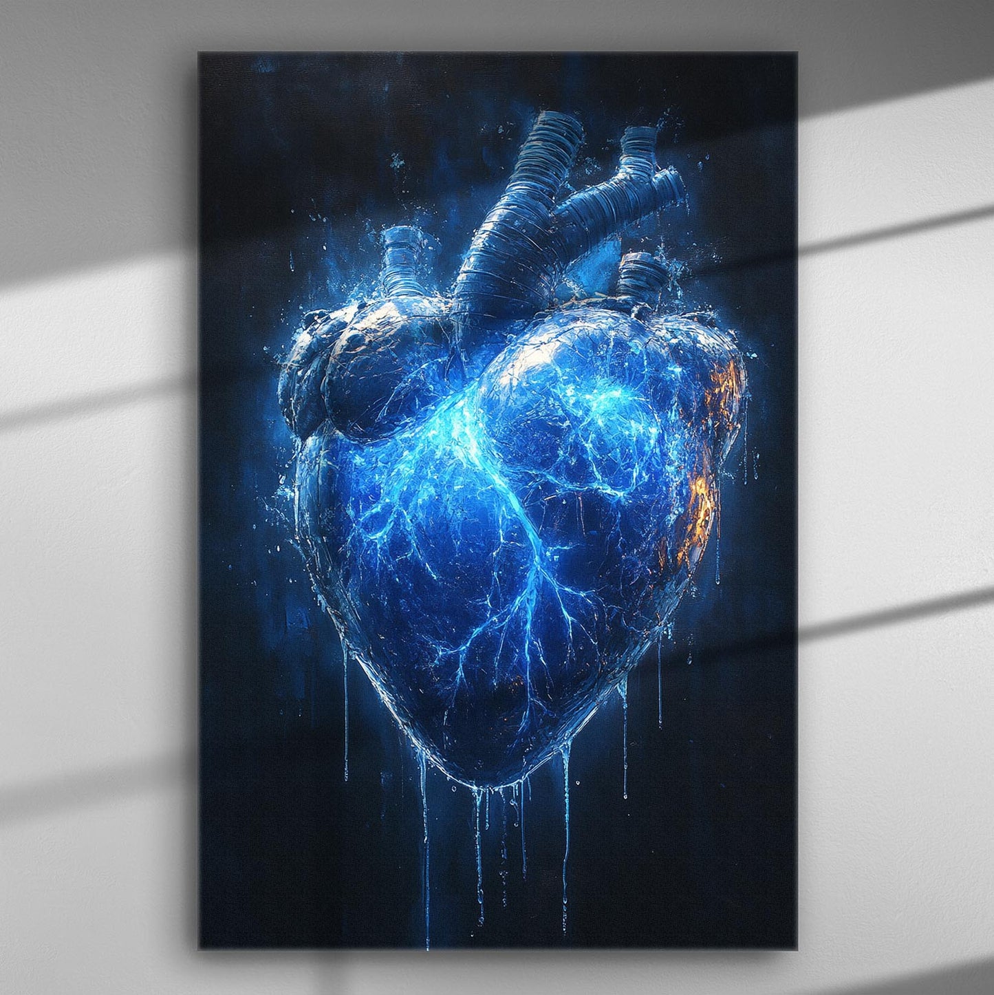 A blue, ice-like heart with electric veins on a canvas print.
