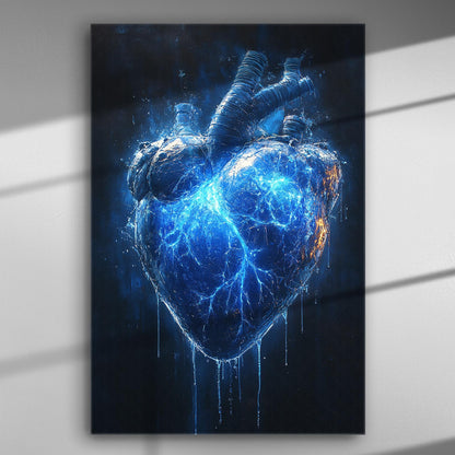A blue, ice-like heart with electric veins on a canvas print.