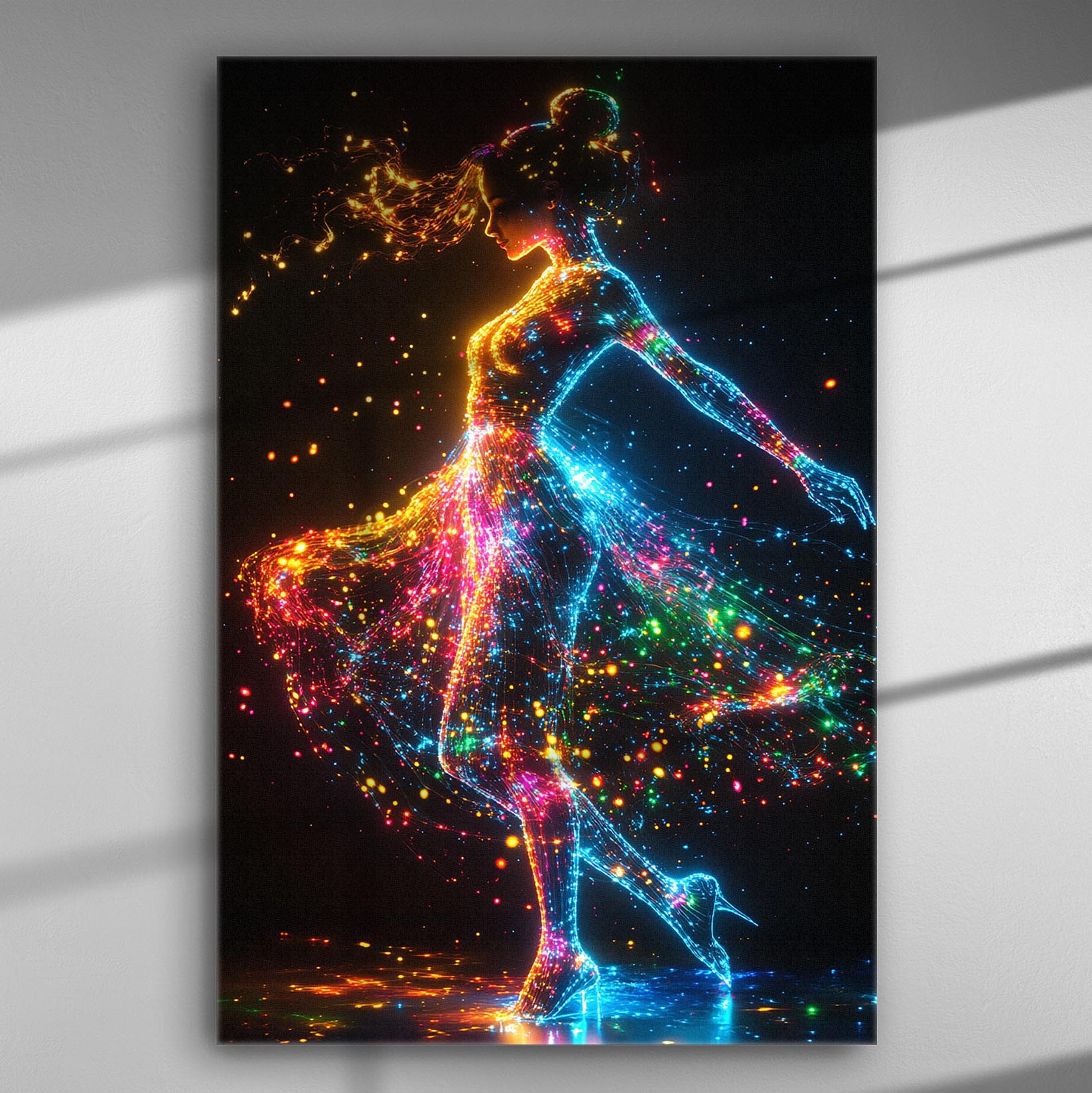 Colorful light dancer captured in a vibrant moment on canvas print.