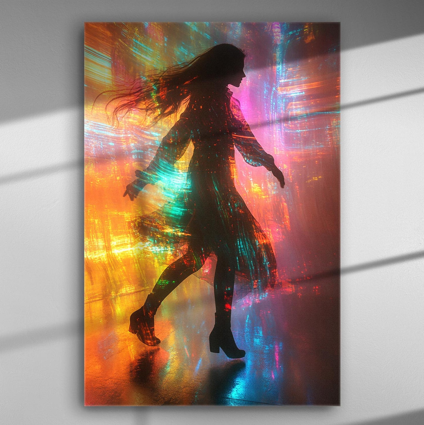 Silhouette of a dancing figure against a colorful light background.