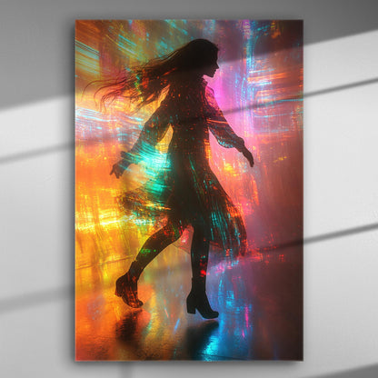 Silhouette of a dancing figure against a colorful light background.