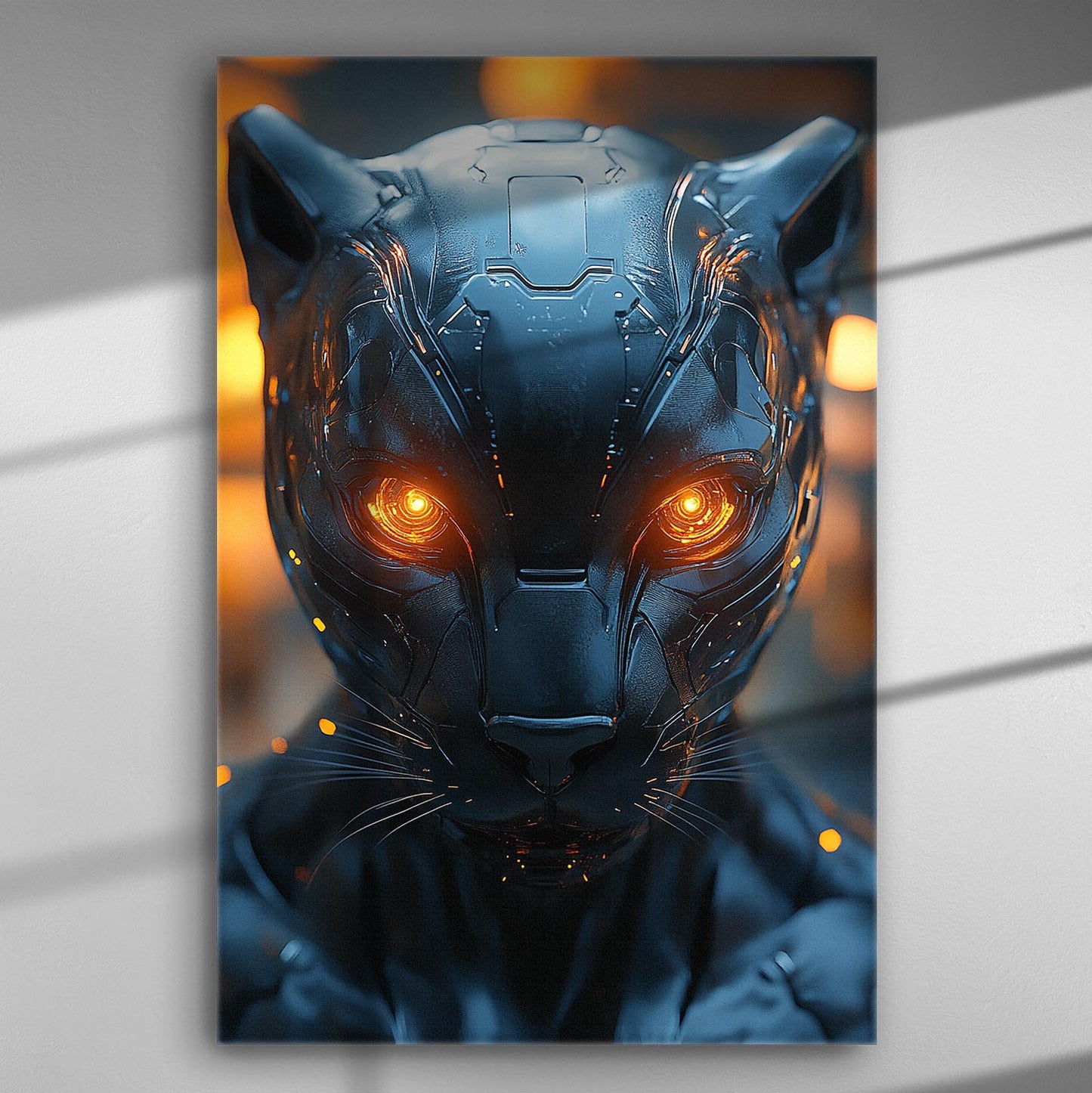 Futuristic mechanical panther canvas art with glowing orange eyes.