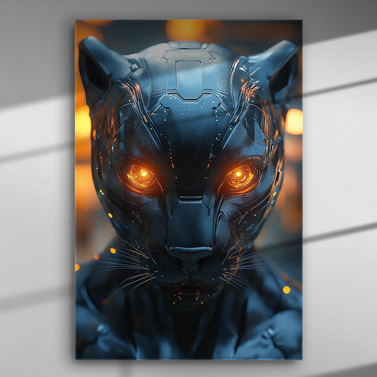 Futuristic mechanical panther canvas art with glowing orange eyes.
