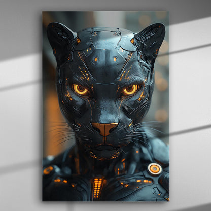 Futuristic cybernetic panther with glowing metallic details on canvas