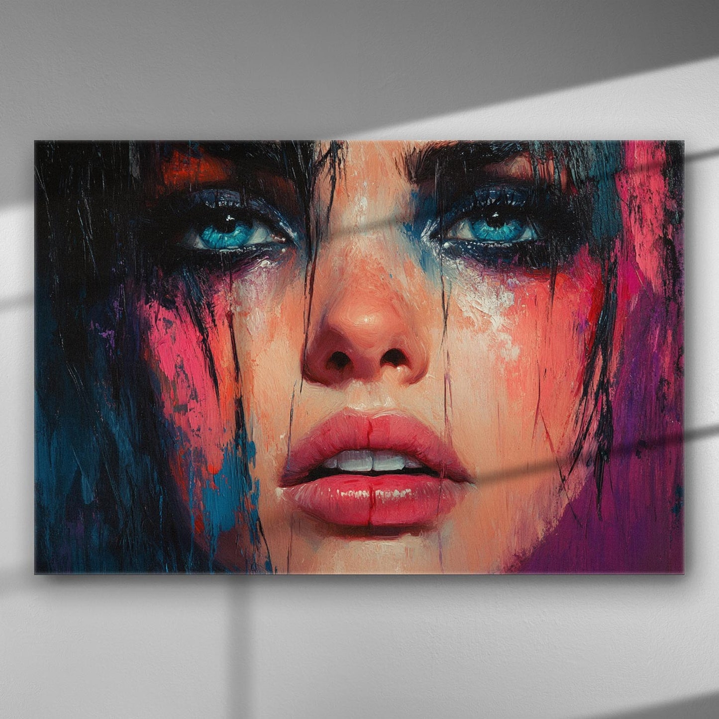 Close-up portrait of a woman's face in expressive colors with intense eyes, painted on canvas.