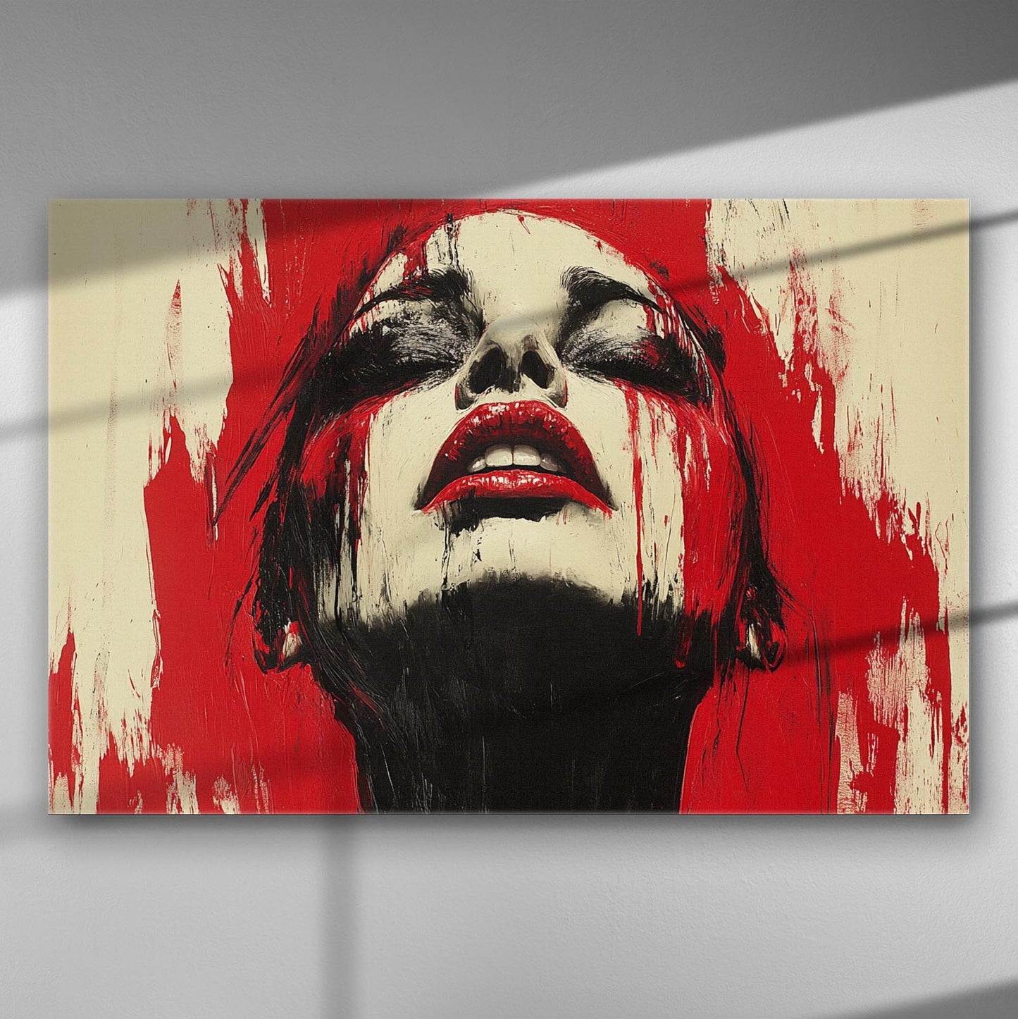 Portrait with red and black abstract paint on canvas.