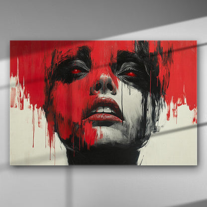 Dynamic abstract canvas art with red and black colors depicting a face.