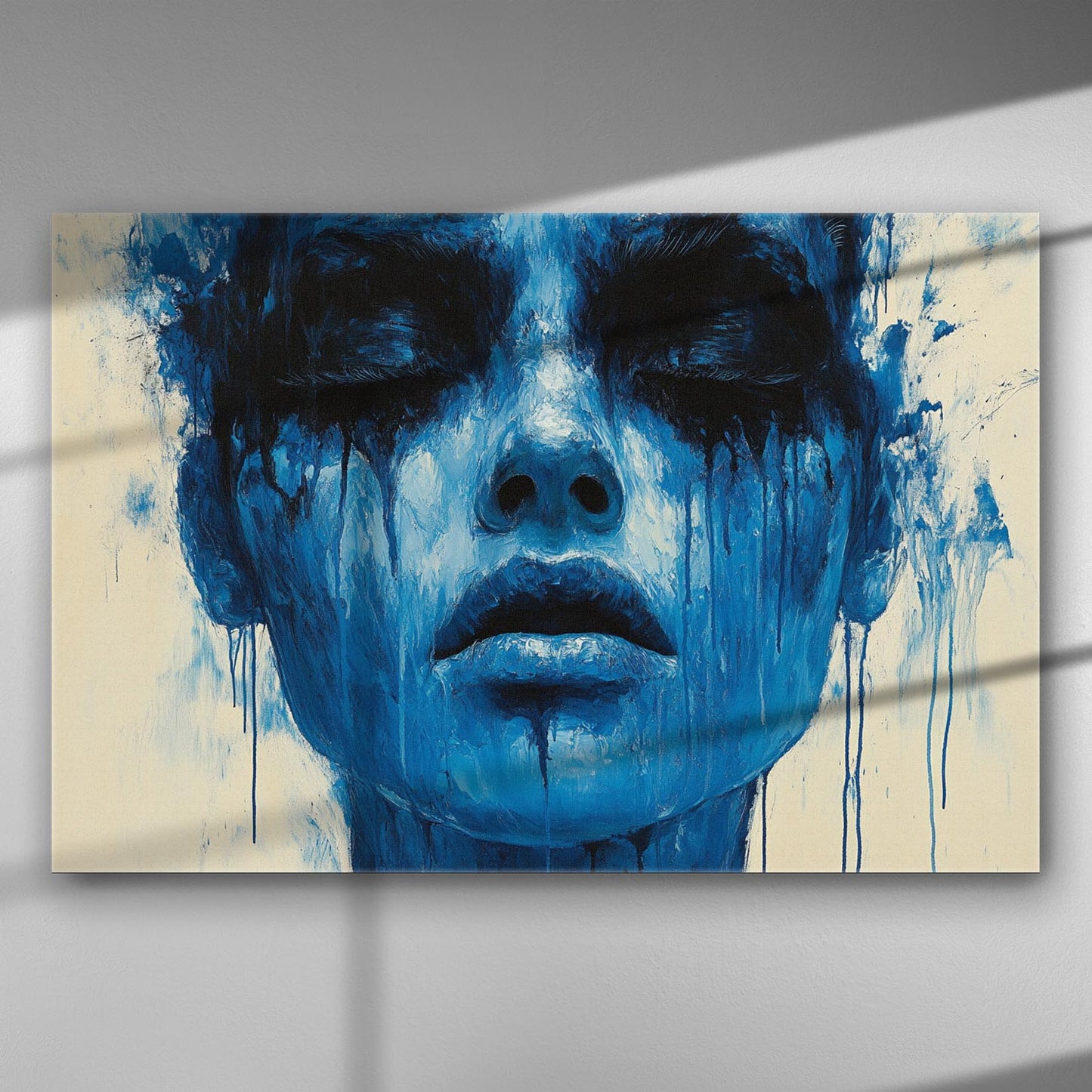 Blue expressive portrait painting on canvas.
