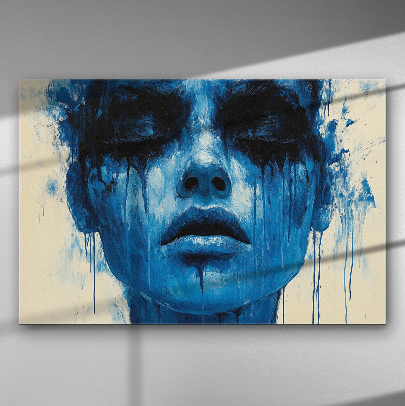 Blue expressive portrait painting on canvas.