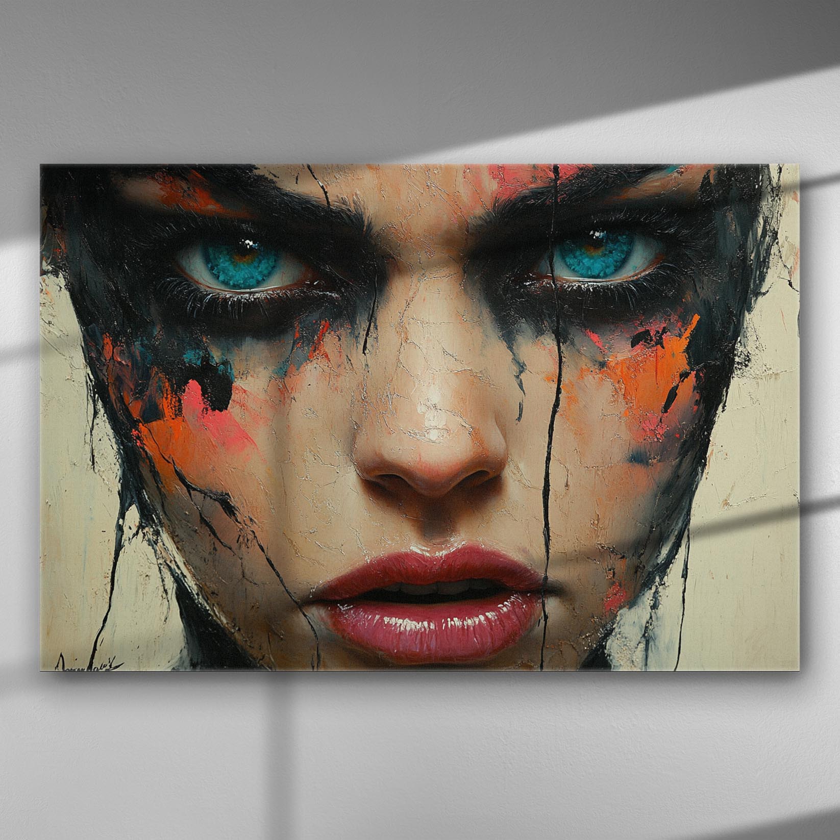 Close-up portrait of a woman's face with vibrant blue eyes and abstract, colorful paint drips.