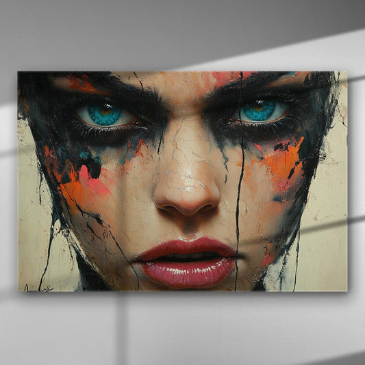 Close-up portrait of a woman's face with vibrant blue eyes and abstract, colorful paint drips.
