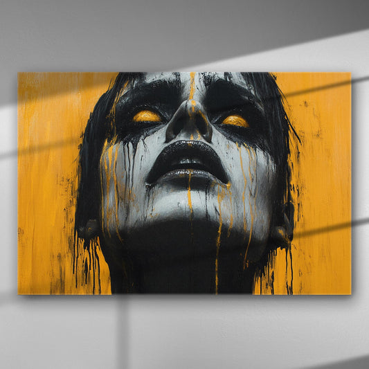 Expressive portrait with dramatic black and yellow colors on canvas.