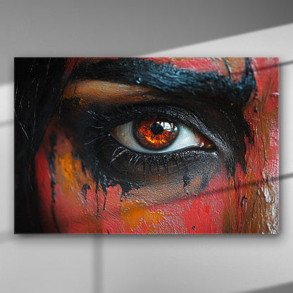 A close-up of a painted eye with vibrant orange and black colors on canvas